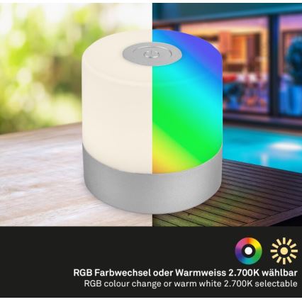 Briloner 7462014 - Lampada da tavolo a LED RGB ricaricabile per esterni LED/1,5W/5V IP44 1200 mAh cromo opaco