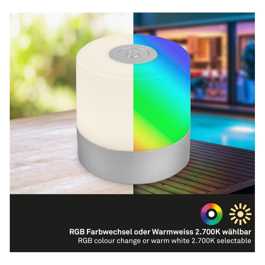 Briloner 7462014 - Lampada da tavolo a LED RGB ricaricabile per esterni LED/1,5W/5V IP44 1200 mAh cromo opaco
