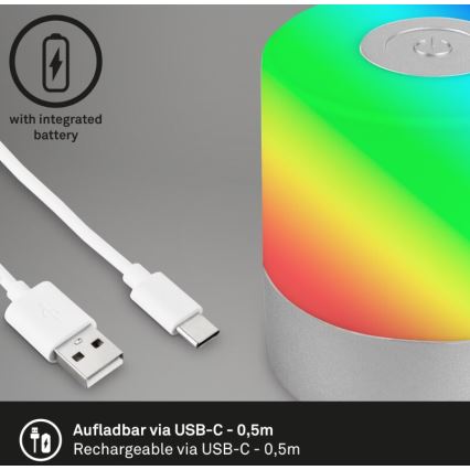Briloner 7462014 - Lampada da tavolo a LED RGB ricaricabile per esterni LED/1,5W/5V IP44 1200 mAh cromo opaco