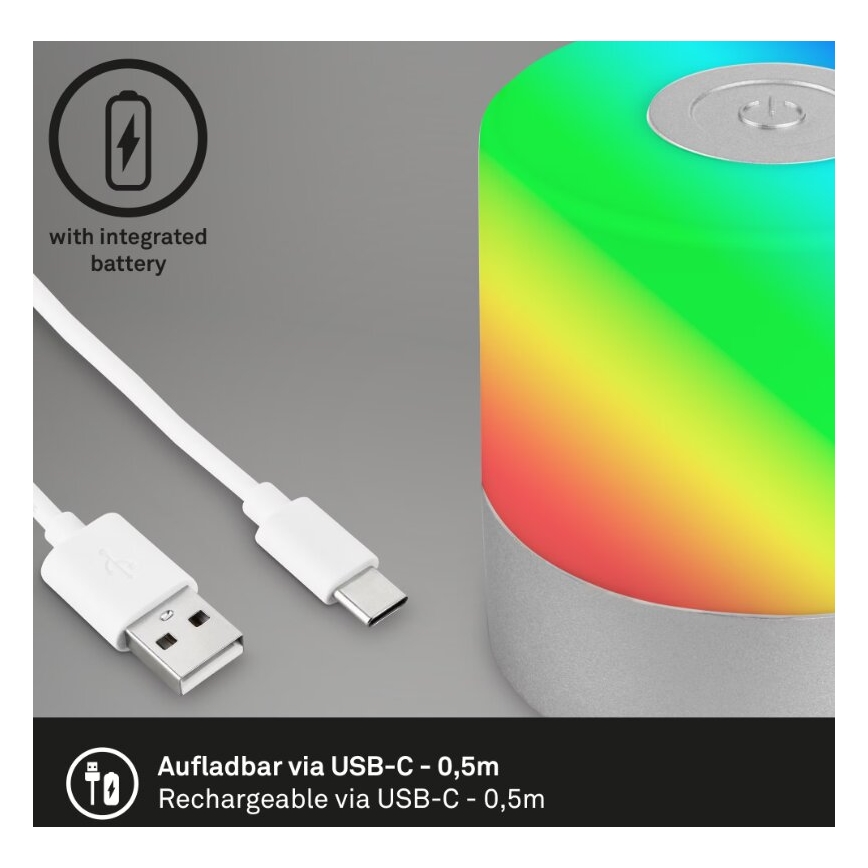 Briloner 7462014 - Lampada da tavolo a LED RGB ricaricabile per esterni LED/1,5W/5V IP44 1200 mAh cromo opaco