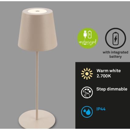 Briloner 7508011 - Lampada da tavolo ricaricabile dimmerabile per esterni 2 in 1 LED/2,5W/5V IP44 1200 mAh beige