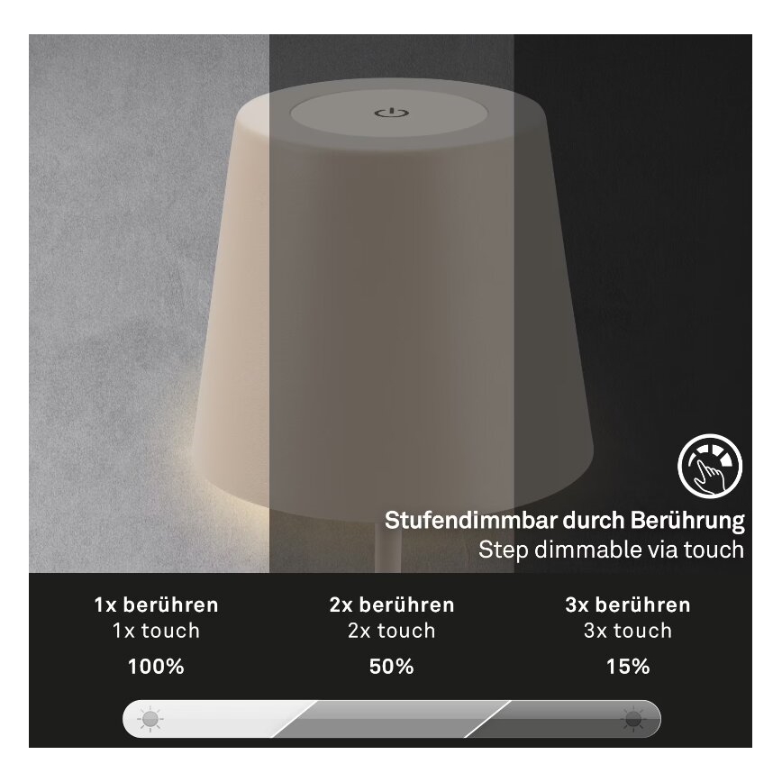 Briloner 7508011 - Lampada da tavolo ricaricabile dimmerabile per esterni 2 in 1 LED/2,5W/5V IP44 1200 mAh beige