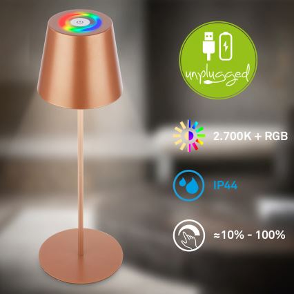 Briloner 7510013 - Lampada da tavolo ricaricabile da esterno dimmerabile LED RGBW CALIDA LED/2,5W/5V IP44 1200 mAh bronzo