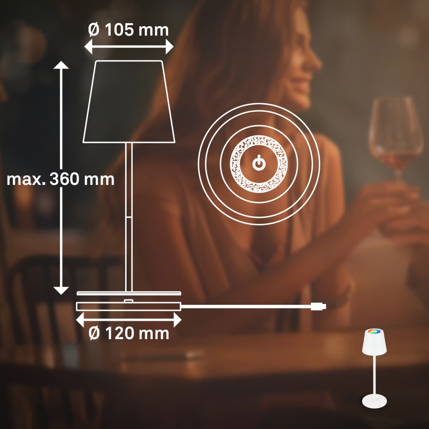 Briloner 7517016 - Lampada da tavolo ricaricabile dimmerabile per esterni LED RGBW CILANO LED/3W/5V IP44 2000 mAh bianca