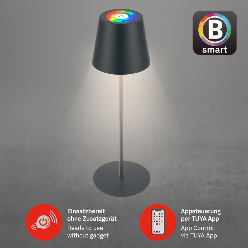 Briloner 7559015 - Lampada da tavolo ricaricabile per esterni dimmerabile LED RGB COLORIS LED/3,5W/5V IP44 2000 mAh antracite Wi-Fi Tuya