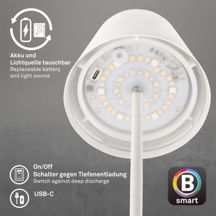 Briloner 7559016 - Lampada da tavolo ricaricabile dimmerabile per esterni LED RGB COLORIS LED/3,5W/5V IP44 2000 mAh Wi-Fi Tuya