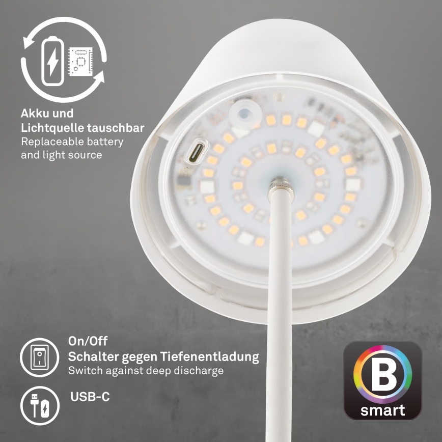 Briloner 7559016 - Lampada da tavolo ricaricabile dimmerabile per esterni LED RGB COLORIS LED/3,5W/5V IP44 2000 mAh Wi-Fi Tuya