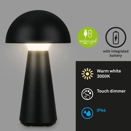 Briloner - Lampada da tavolo da esterno ricaricabile a LED dimmerabile a sfioramento/2,6W/5V 3000K IP44 2000 mAh nera