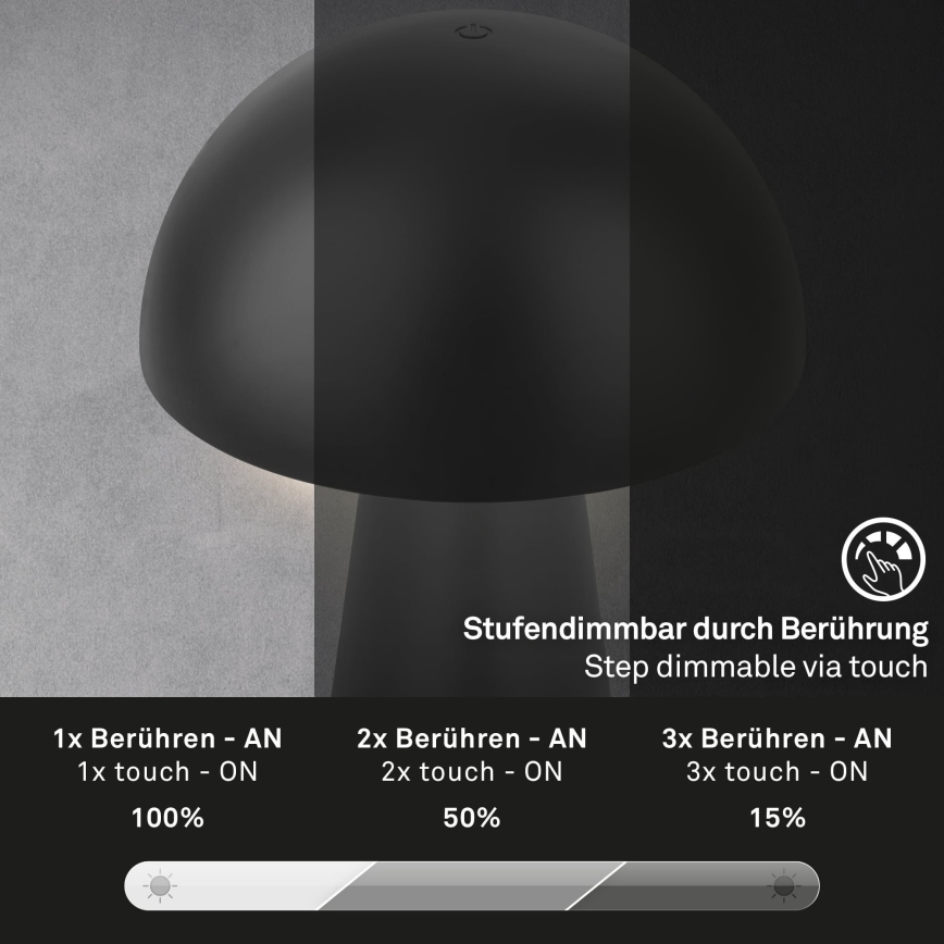 Briloner - Lampada da tavolo da esterno ricaricabile a LED dimmerabile a sfioramento/2,6W/5V 3000K IP44 2000 mAh nera