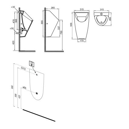 Bruckner - Urinale SCHWARN, alimentazione posteriore, scarico posteriore + sciacquone integrato 6 V CC, bianco
