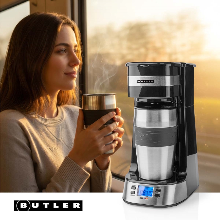 Butler - Macchina per caffè per una tazza 0,4 l con timer e tazza da viaggio 750W/230V acciaio inossidabile/nero