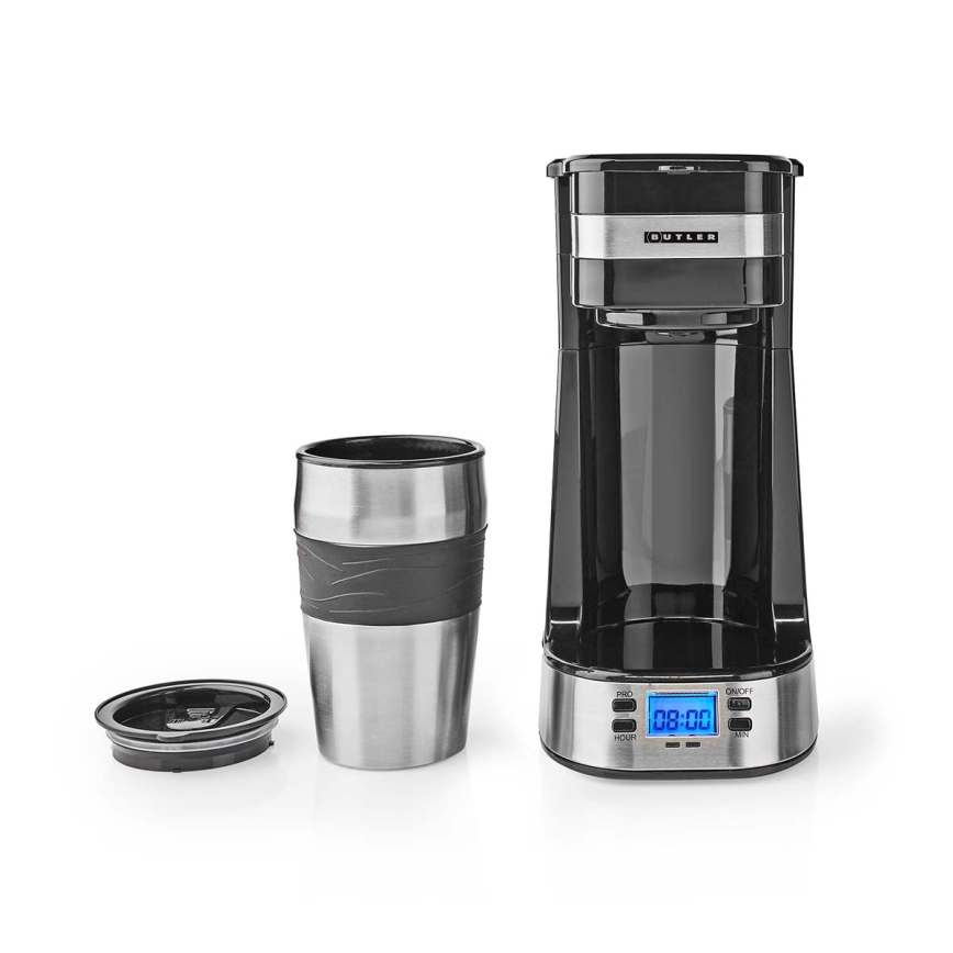 Butler - Macchina per caffè per una tazza 0,4 l con timer e tazza da viaggio 750W/230V acciaio inossidabile/nero