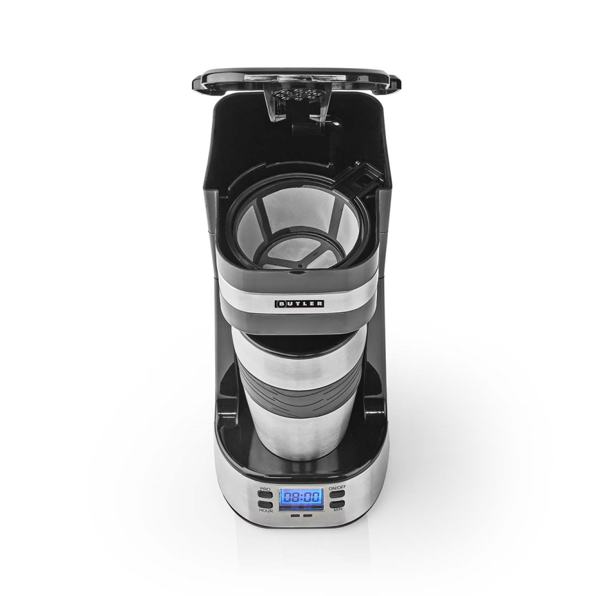 Butler - Macchina per caffè per una tazza 0,4 l con timer e tazza da viaggio 750W/230V acciaio inossidabile/nero