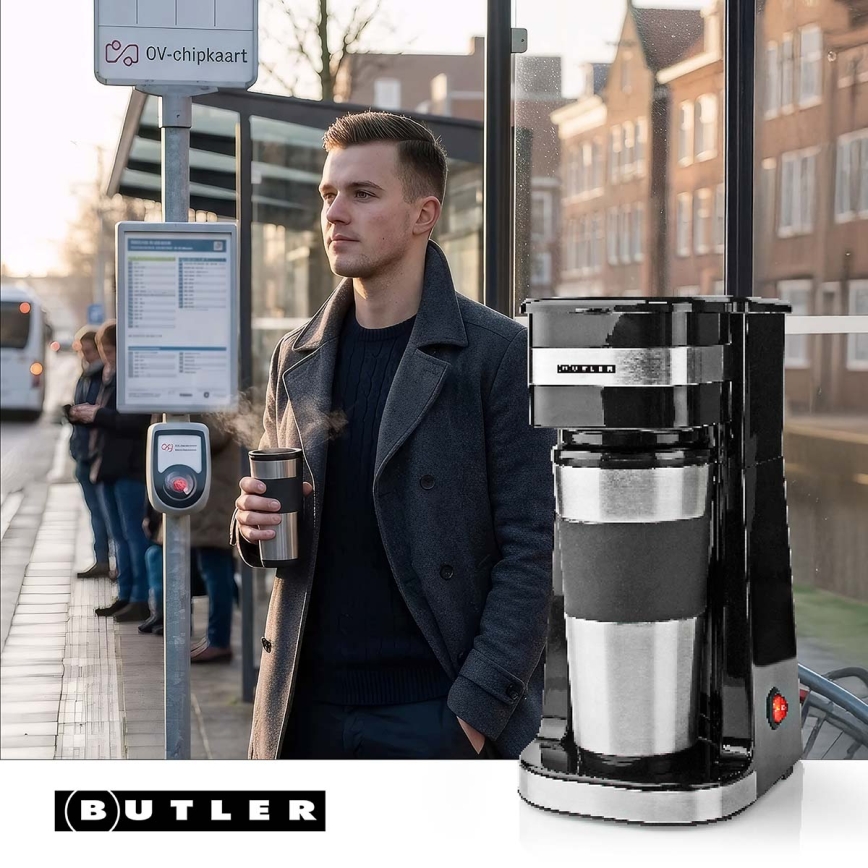 Butler - Macchina da caffè per una tazza 0,4 l con tazza da viaggio 750W/230V acciaio inox/nero