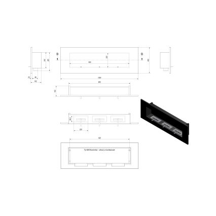 Kratki - Camino BIO da incasso 40x120 cm 3x1,1kW nero