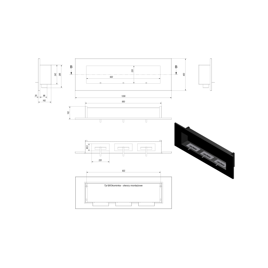 Kratki - Camino BIO da incasso 40x120 cm 3x1,1kW nero