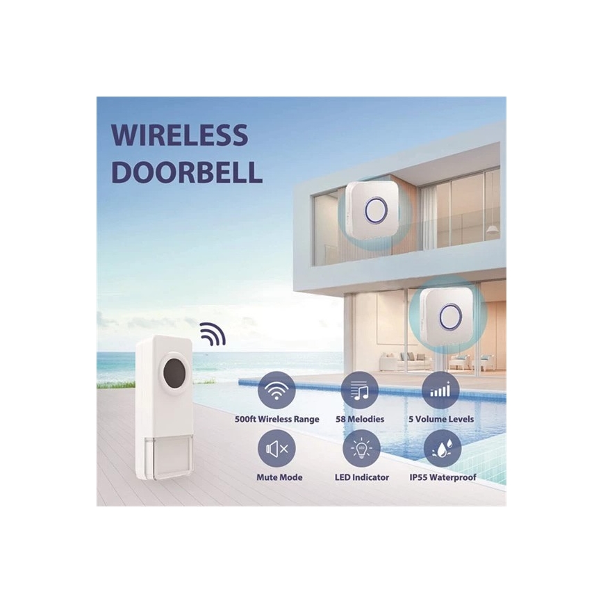 Campanello wireless 3xAAA/1xA23 IP55 bianco