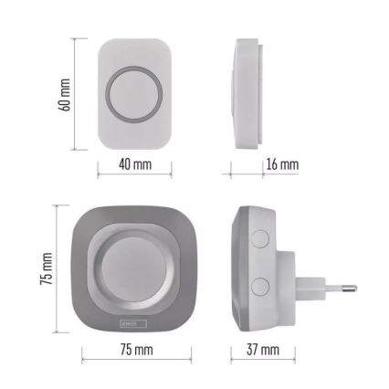 Campanello wireless con spina integrata 230V + 1xCR2032 IP44 grigio
