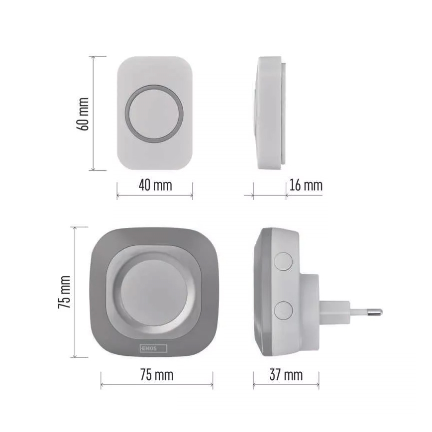 Campanello wireless con spina integrata 230V + 1xCR2032 IP44 grigio