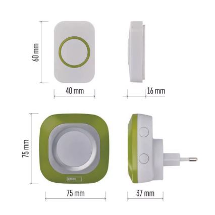 Campanello wireless con spina integrata 230V + 1xCR2032 IP44 verde