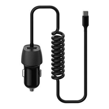 Caricabatteria da auto 1xUSB 5V/1A + connettore USB-C 150 cm nero