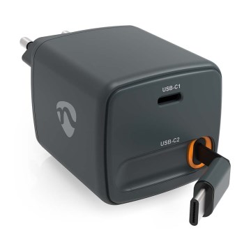 Caricatore con cavo retrattile Power Delivery 30W, 2 porte USB-C, nero