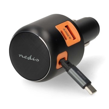 Caricatore per auto con cavo retrattile Power Delivery 30W 2xUSB-C + 1xUSB-A