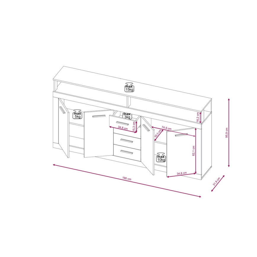 Cassettiera RUNA 190x96x32 cm marrone scuro/antracite