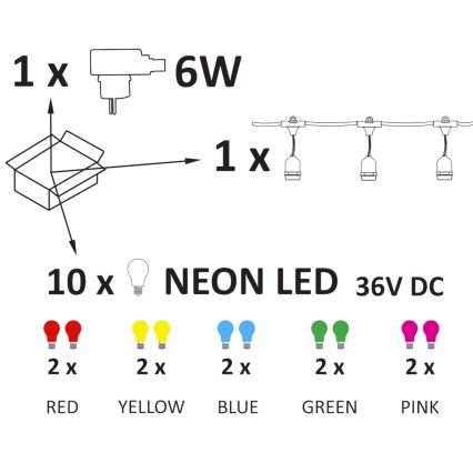 Catena decorativa da esterno LED PARTY NEON 7,6 m 10xE27/0,6W/36V IP44