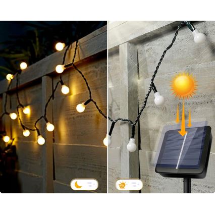 Catena decorativa solare a LED, 50 LED / 8 funzioni, 500 mAh, 9,5 m, IP67, bianco caldo