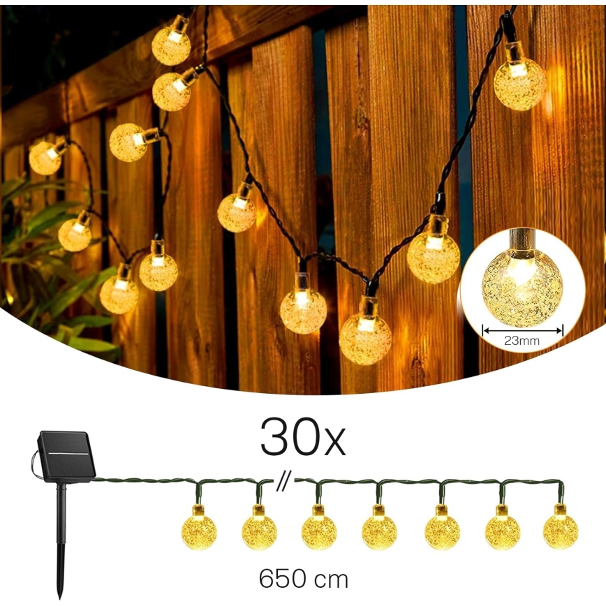 Catena decorativa solare LED 30xLED/8 funzioni 500 mAh 6,5 m IP67 bianco caldo