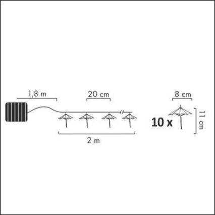 Catena LED solare 10xLED/1,2V 300 mAh 3,8 m IP44 ombrelli