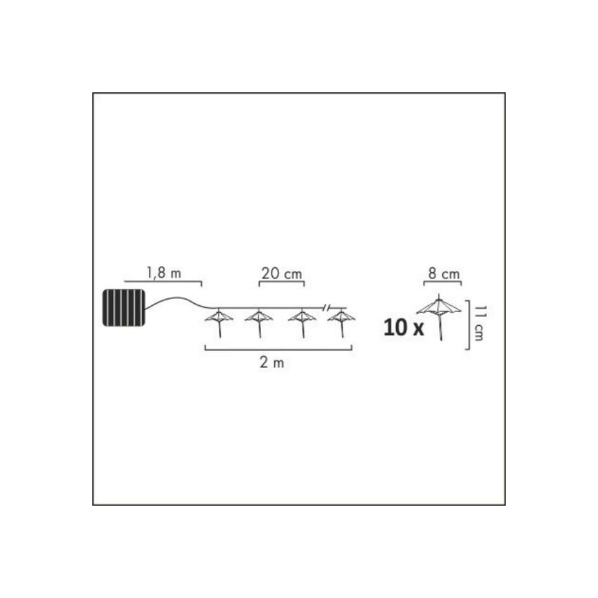Catena LED solare 10xLED/1,2V 300 mAh 3,8 m IP44 ombrelli