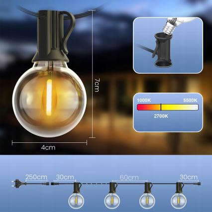 Catena luminosa LED dimmerabile per esterni 25xE12/1W/24/230V 17,5 m IP65 nera + telecomando