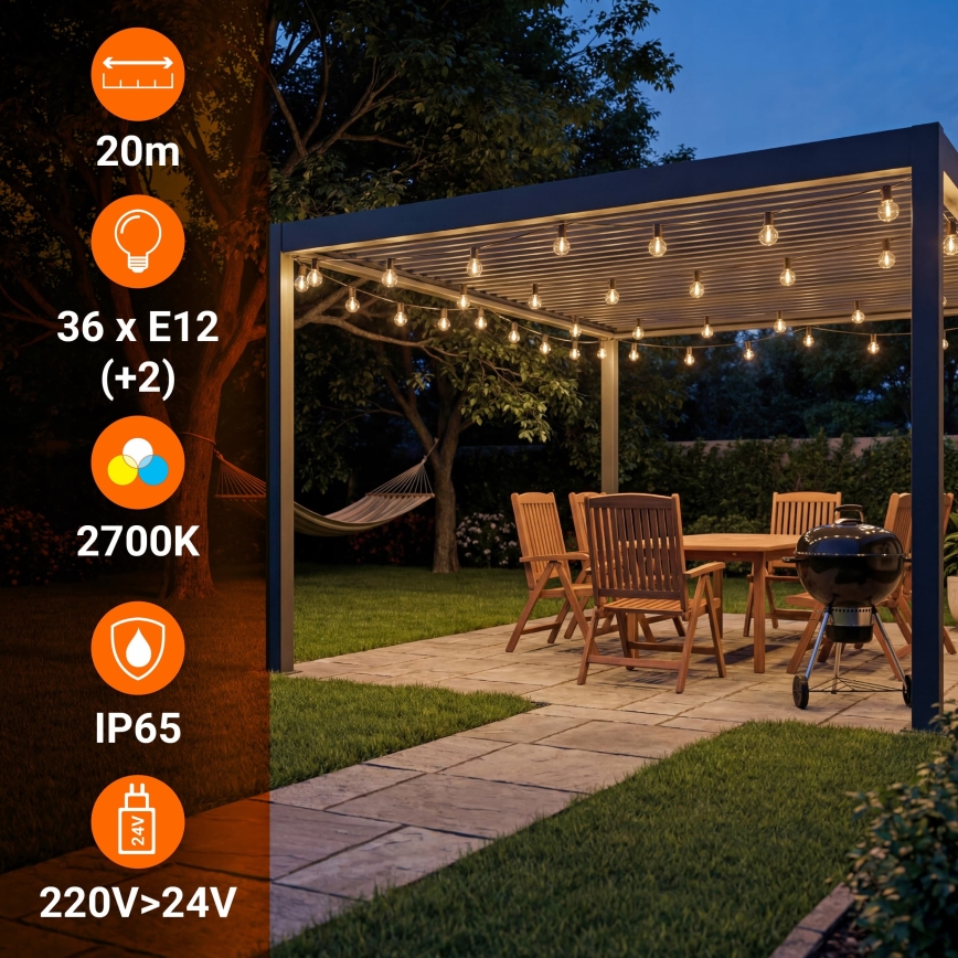 Catena luminosa decorativa LED dimmerabile da esterno 36xE12/1W/24/230V 22,35 m IP65 nero + telecomando