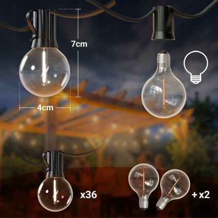 Catena luminosa decorativa LED dimmerabile da esterno 36xE12/1W/24/230V 22,35 m IP65 nero + telecomando