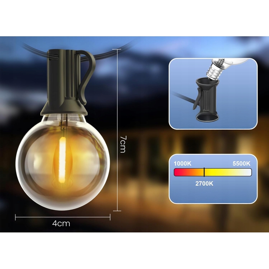 Catena luminosa decorativa LED per esterni 20xE12/1W/230V, 20 m, IP65, nera