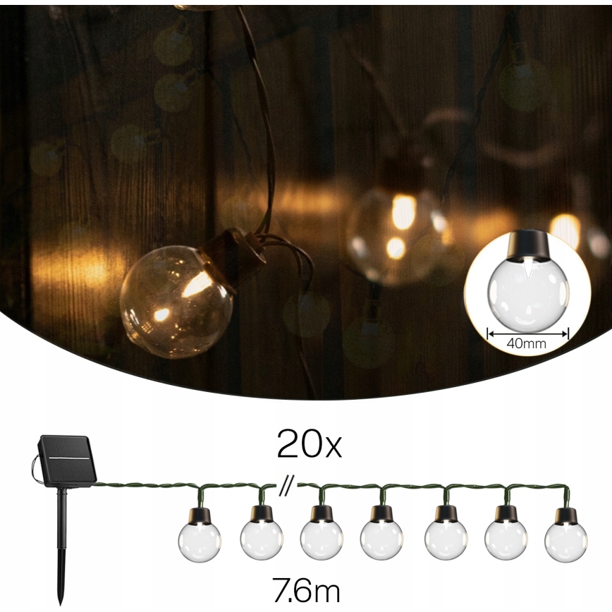 Catena luminosa decorativa solare a LED 20xLED/8 funzioni 500 mAh 7,6 m IP67 bianco caldo