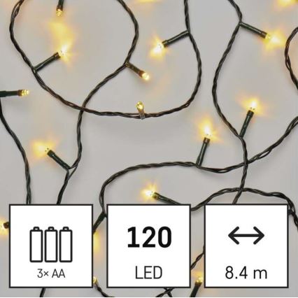 Catena luminosa LED per esterni, 120 LED (3xAA), 8,9 m, IP44, bianco caldo