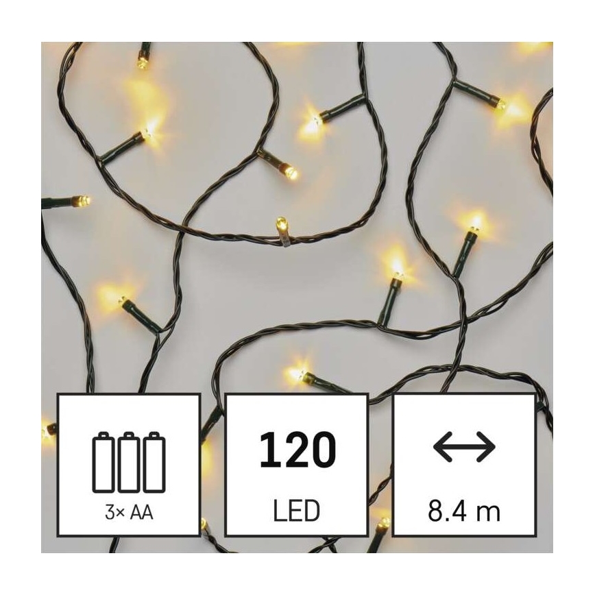 Catena luminosa LED per esterni, 120 LED (3xAA), 8,9 m, IP44, bianco caldo