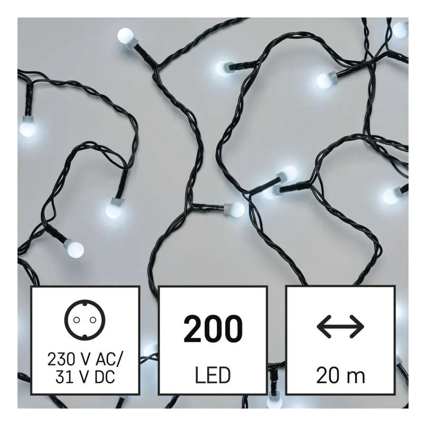 Catena luminosa natalizia a LED, 200 LED, 8 funzioni, 20 m, IP44, bianco freddo