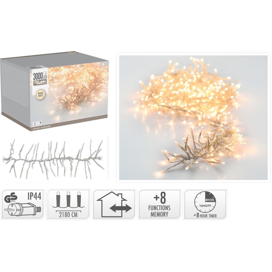 Catena luminosa natalizia LED per esterni 3000xLED/230V/8 funzioni 24,8 m IP44 bianco caldo