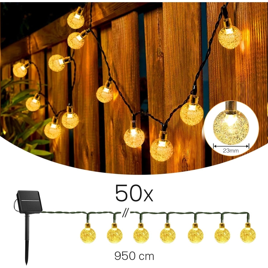 Catena luminosa solare a LED, 50 LED, 8 funzioni, 500 mAh, 9,5 m, IP67, bianco caldo