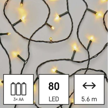 Catena natalizia LED da esterno 80xLED/3xAA 6,1m IP44 bianco caldo
