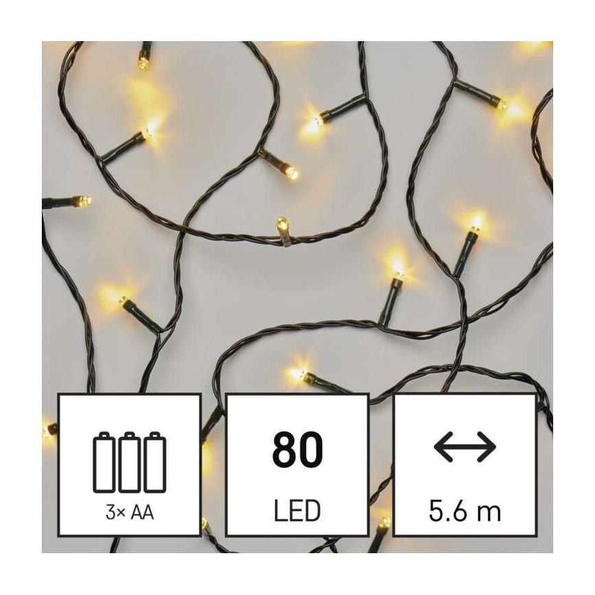 Catena natalizia LED da esterno 80xLED/3xAA 6,1m IP44 bianco caldo