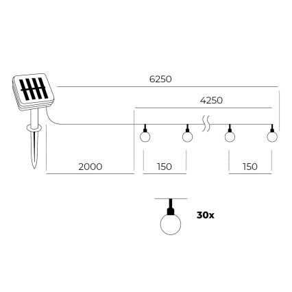 Catena solare a LED 30xLED/0,12W/1,2V 1xAA 3000K IP44 400 mAh