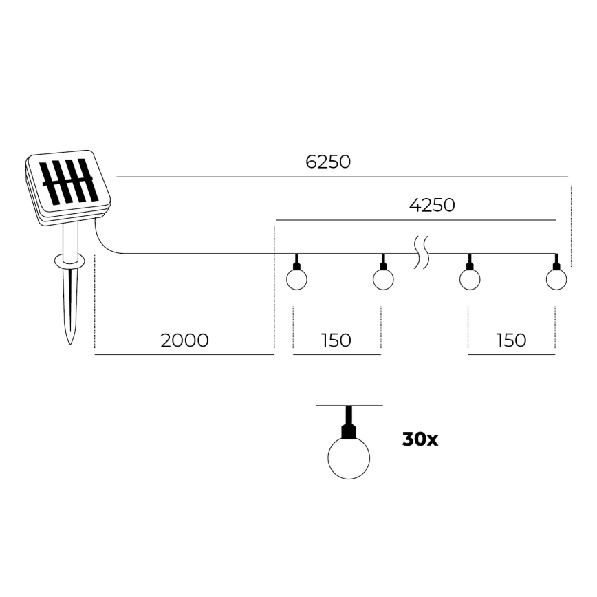 Catena solare a LED 30xLED/0,12W/1,2V 1xAA 3000K IP44 400 mAh