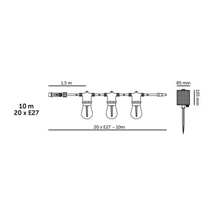 Catena decorativa solare LED dimmerabile STARLIGHT NEO 20xE27/3,7V 2700K IP54 1200 mAh 11,5m + telecomando