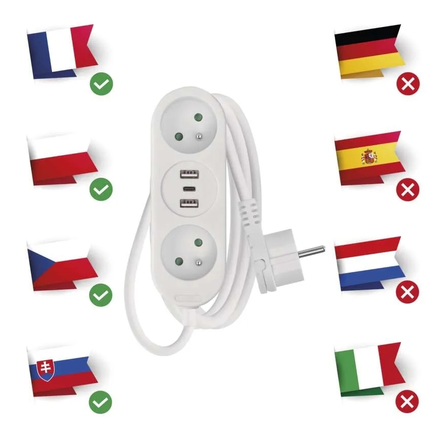 Cavo di prolunga con 2 prese + 2x USB-A + USB-C, 1,4 m