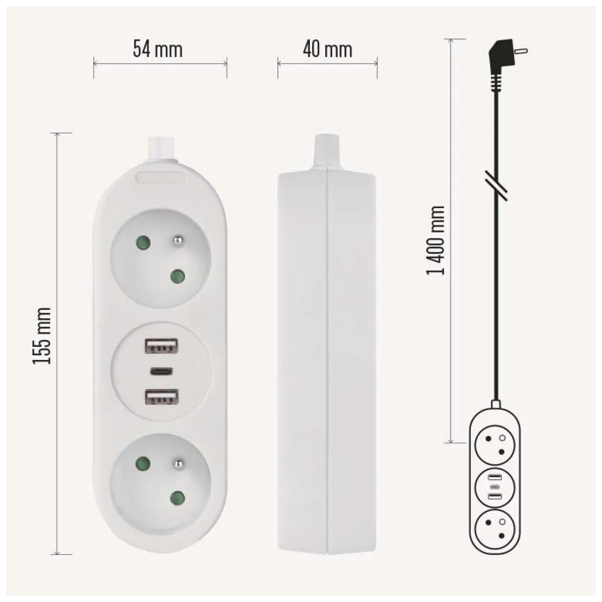 Cavo di prolunga con 2 prese + 2x USB-A + USB-C, 1,4 m